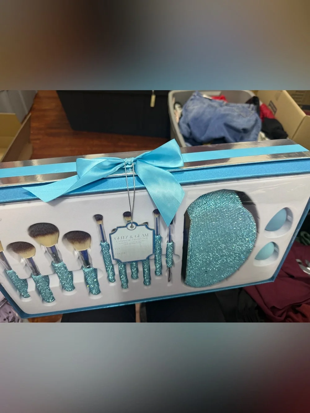 Glitz & Glam blue rhinestone cosmetic brush set 13 pieces